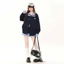 デニムジャケット レディース チェック柄 フェイクレイヤード アメリカン風 ルーズ カジュアル 春 秋「ENJOG」