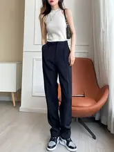 AYINGJIA レディース ネイビー ウエストハイ プリーツ感のあるワイドパンツ【高級感・カジュアル】