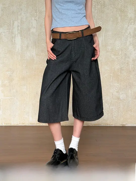 クロップドパンツ レディース 原色デニム ワイド ストレート ルーズ ヴィンテージ 夏