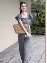 大人の雰囲気漂う レディースオールインワン【夏用・ショートスリーブ・ウエストリボン・スリムデザイン】