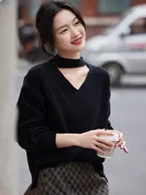 女性用黒のVネックニットセーター【秋冬用・着るニット】
