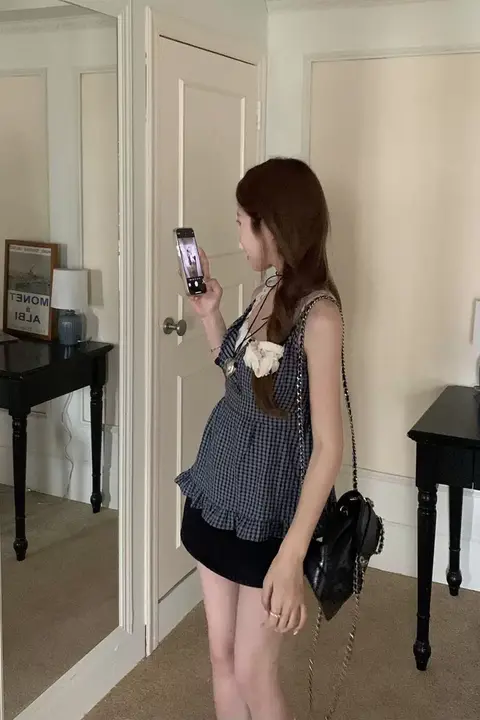 キャミソール レディース フェイクレイヤード チェック柄 レース パッチワーク ガーリー 大人可愛い 夏 トップス