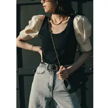 Bela studio ヴィンテージ風ボックスシルエット ブロッキングカラー カジュアルブラウス【バルーンスリーブ・ラウンドネック】