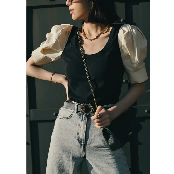 Bela studio ヴィンテージ風ボックスシルエット ブロッキングカラー カジュアルブラウス【バルーンスリーブ・ラウンドネック】