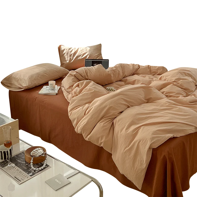 高級感のある全棉水洗コットン四点セット【シンプルデザイン・無地ベッドシーツ・ボックスシーツ付き】