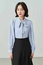 ブルーシフォンブラウス【女性用・ビジネスシーン・面接対応・ジャケットインナー】（セットアップ対応）