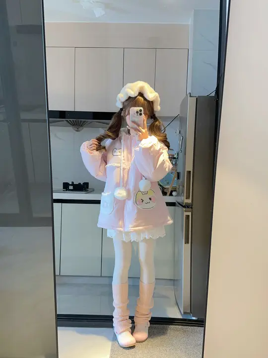 可愛い猫デザインのロリータスタイル冬用フリースコート
