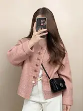 ツイード風 ショートジャケット【春用・ピンク・ボタン付き・小柄向け】