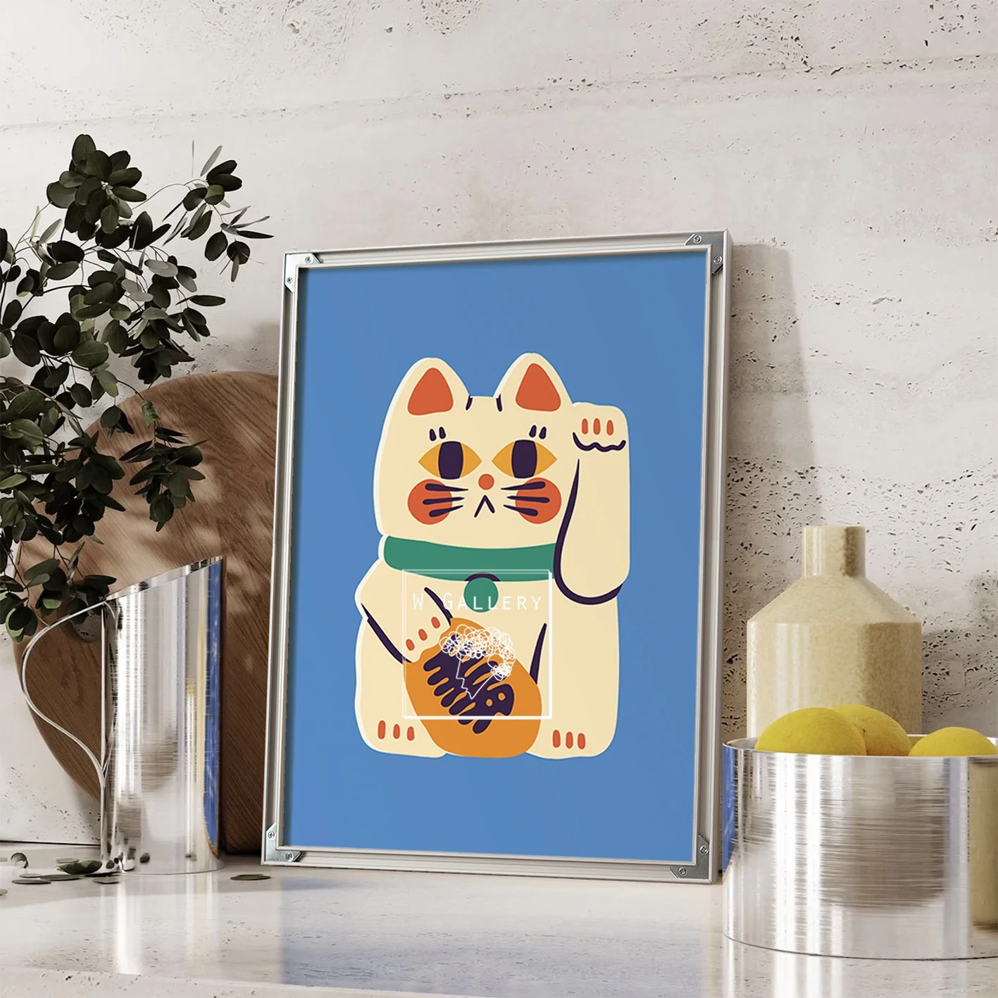 ブルーの招き猫アートパネルはどこで購入できるか？包豪ス風のデザインと金属フレームの特徴を解説