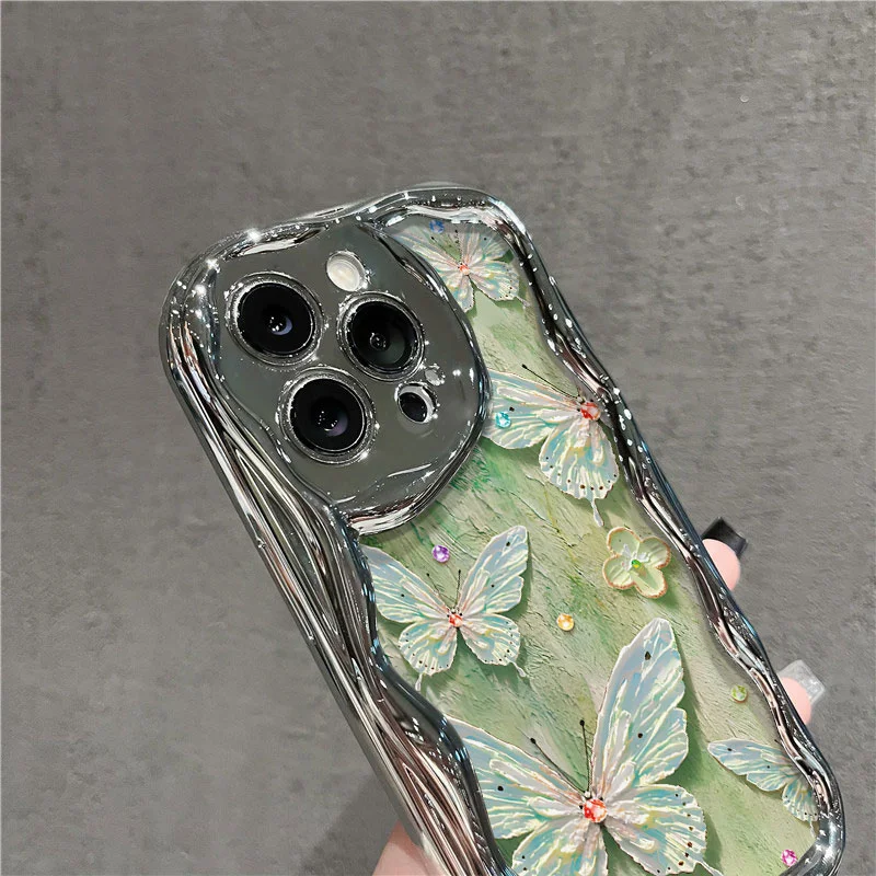 ミントグリーンの蝶柄デザイン【電鍍シルバーの油絵風・スマートフォンケース・Xiaomi Civi 4 Pro・Redmi Note 13 Pro対応】