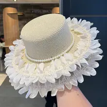 優雅なパールレース付き広ツバ麦わら帽子【女性用・UVカット・アウトドア用】