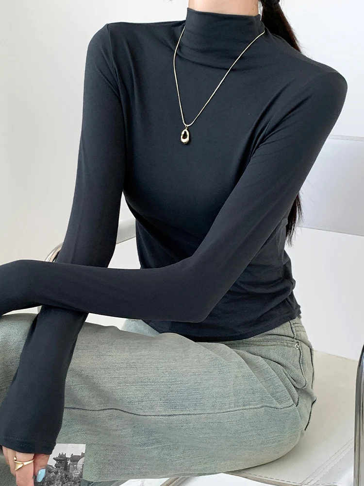 半高襟モダールコットンインナー長袖Tシャツ：通勤風のソフト着心地とセットアップ対応の実用性