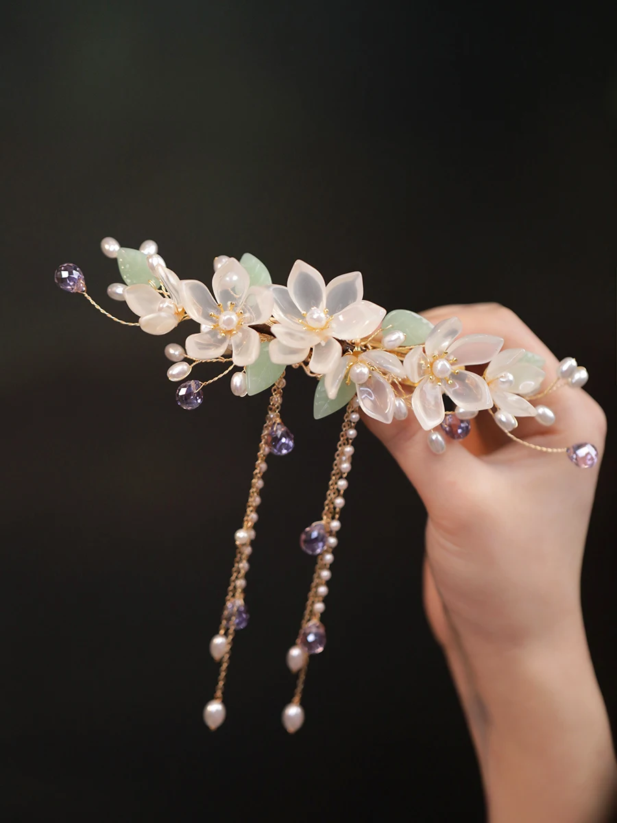 和装髪飾り 手作りのための花飾り半束ね髪クリップ【流れる房・古風デザイン】