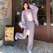 紫色のカジュアルフード付きパーカー【秋用・韓国風・小柄向け・ワイドパンツ・スポーツ】（セットアップ対応）