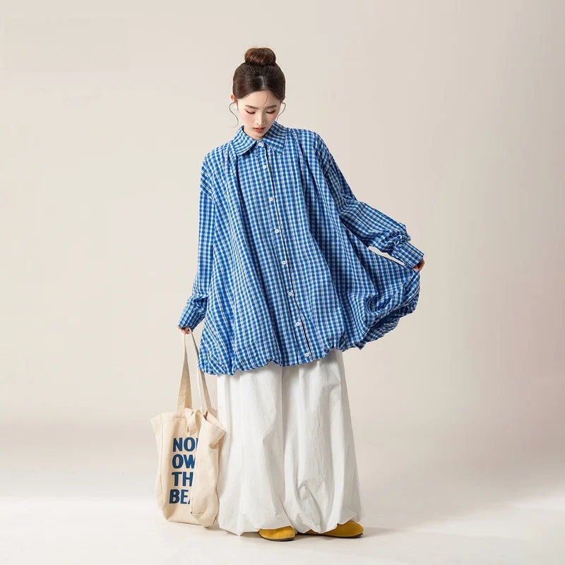 タータンチェックの優雅なロングシャツ【春用・ブルー系】