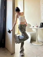 アメリカンスタイルのハイストリート低腰フレアデニムパンツ【ワイ  ドレッグ・夏用・長めデザイン】（セットアップ対応）