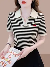 ストライプ柄の翻りカラー半袖ポロシャツ【刺繍デザイン・夏用・スタイリッシュ】