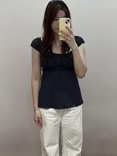 ドット柄フレンチスタイル 女性用短袖ブラウス【後ろリボン付き・ウエストシェイプ】