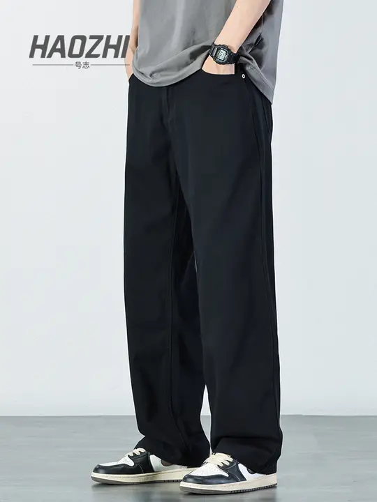 デニムパンツ メンズ ストレート ルーズ ドレープ ブラック ストリート ヴィンテージ ベーシック 「HAOZHI」