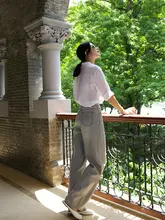 高腰ワイドレッグデニムパンツ【コットンリネン・ストレート・美脚効果】