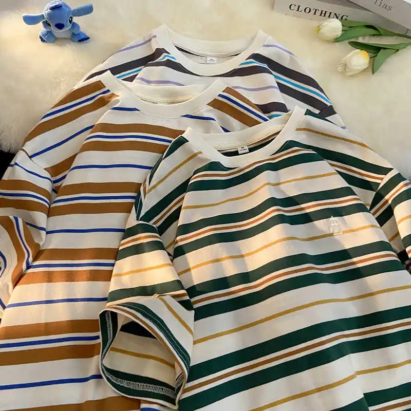 ストライプ柄コットン半袖Tシャツ【ルーズフィット・カジュアル・男女兼用】 春服 メンズ おしゃれ 通勤