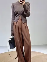 高腰ワイドレッグパンツ【ブラウン・通勤・スタイル】