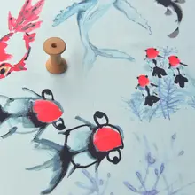 水墨風金魚デザインの布地【天ブルー・雪紡・漢服装飾用】