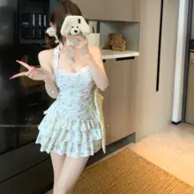 フラワープリントのフリル付きキャミソールワンピース水着【保守的デザイン・女性用・夏用】（セットアップ対応）