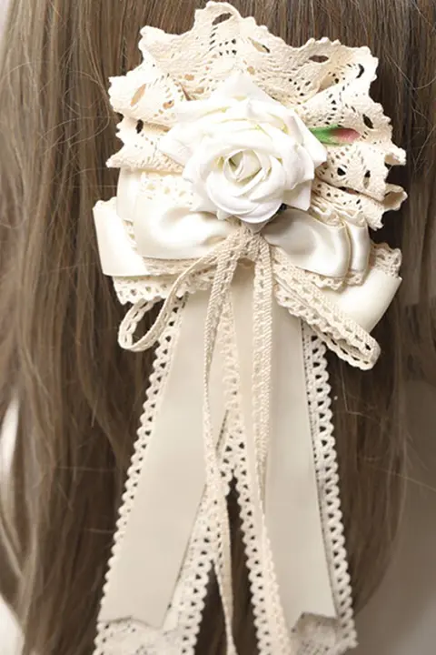 生成色のレース手作りリボンヘアアクセサリー【ロリータ風・バラのデザイン】