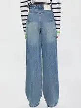 高腰 大口袋 ワイドレッグデニムパンツ【洗い加工・立体カット・女性用】