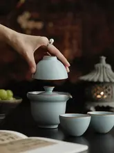 汝窯 旅行用陶器茶具セット【ポータブル・一壺三杯・アウトドア用】