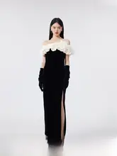 黒のスリットドレス【オフショルダー・ウエストマーク・ミディ丈】