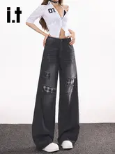 ヴィンテージチェックパッチワークストレートデニムパンツ【黒・ハイウエスト・ダメージデザイン・ワイドレッグ】