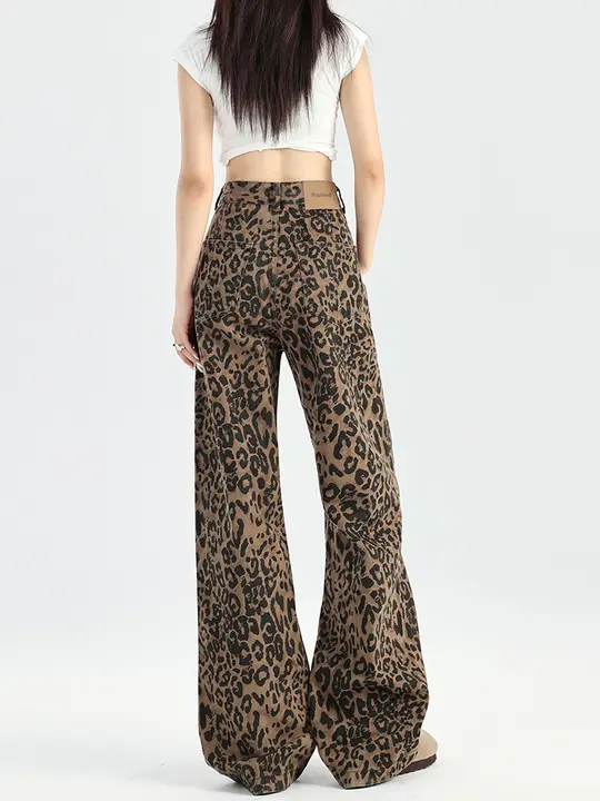 レトロ風ブラウンヒョウ柄ワイドレッグデニムパンツ【ハイウエスト・ストレートシルエット】