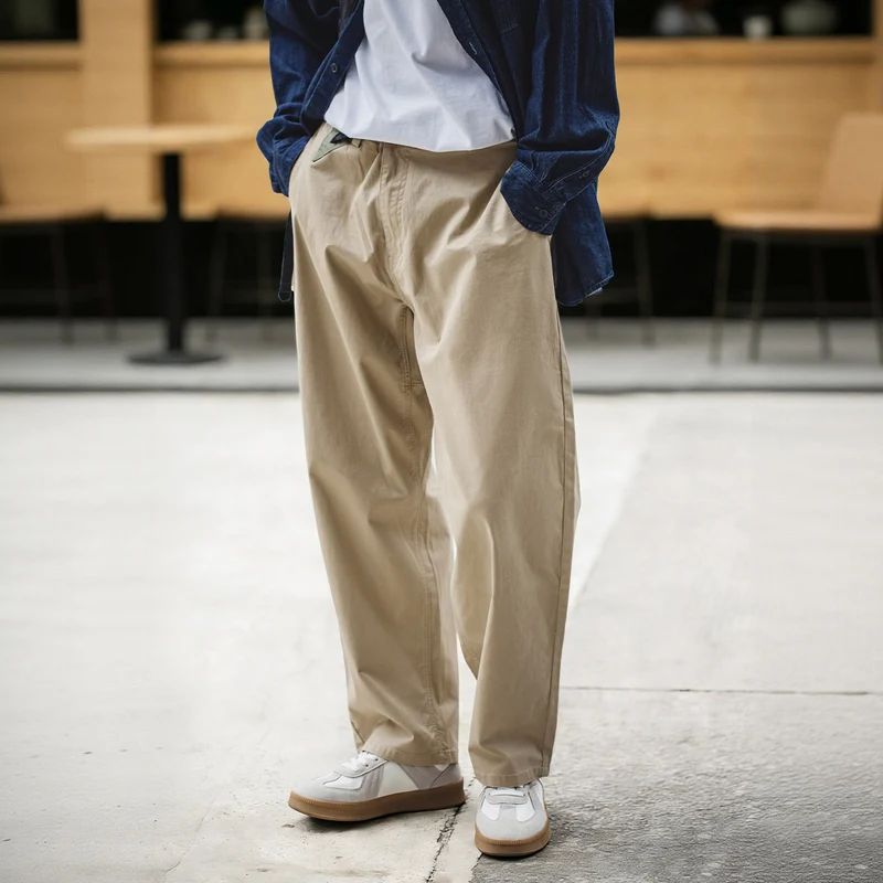 カジュアルなチノパンツ【カーキ・ストレート・ウエストゴム・調整可能・春用】（セットアップ対応）