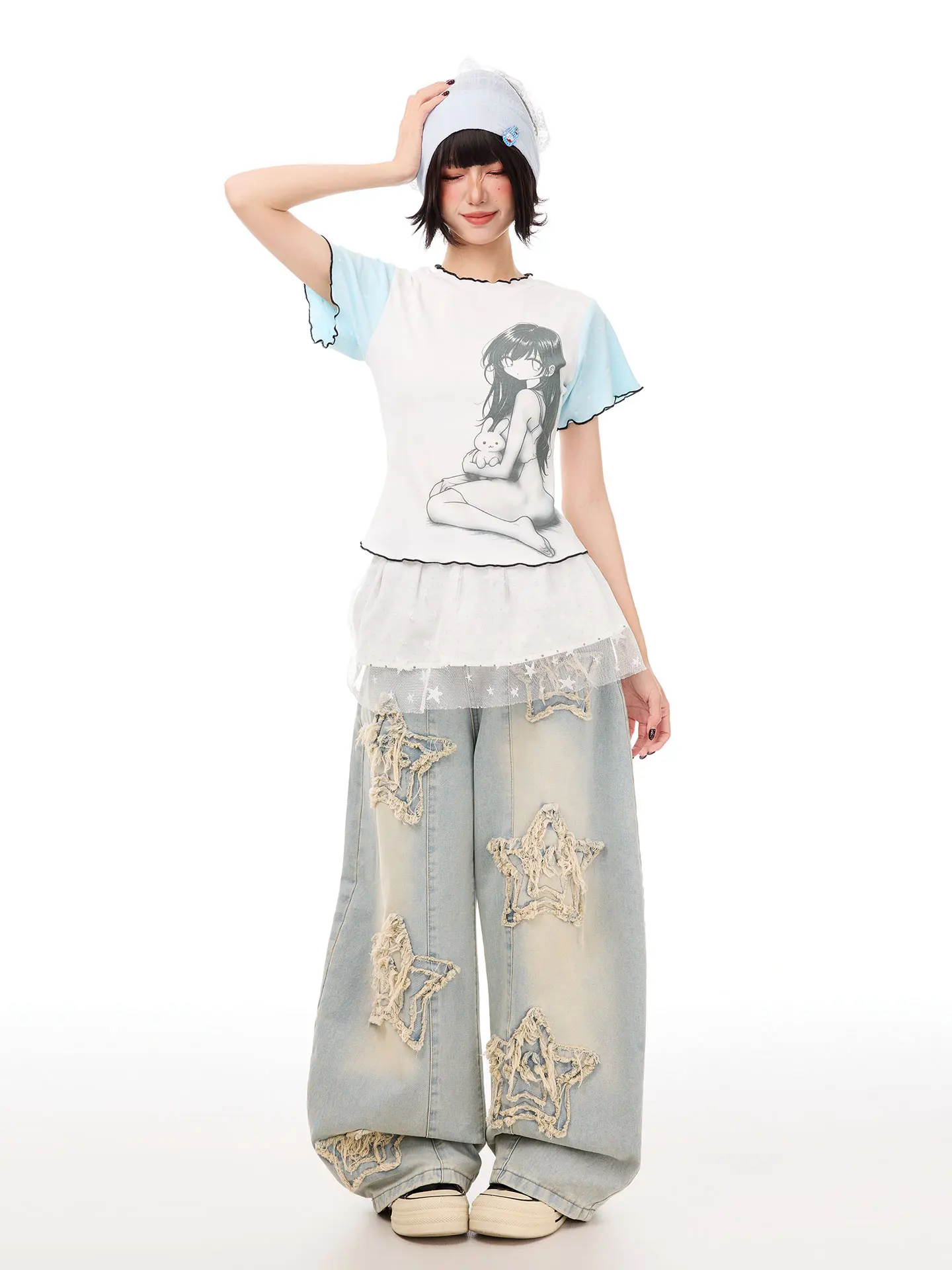 カートゥーンデザインのショートスリーブTシャツ：Y2Kスタイル・ドット柄・フリル付きの夏用カスタムアイテム
