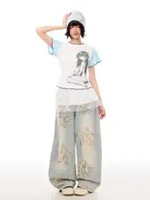 半袖Tシャツ レディース サブカル Y2K キャラクター柄 水玉 パッチワーク フリル 短丈 トップス 夏