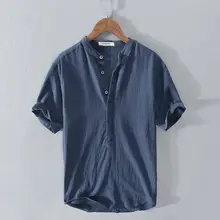 リネン混合 メンズ ショートスリーブ シャツ【クールカラー・立襟・ルーズフィット】