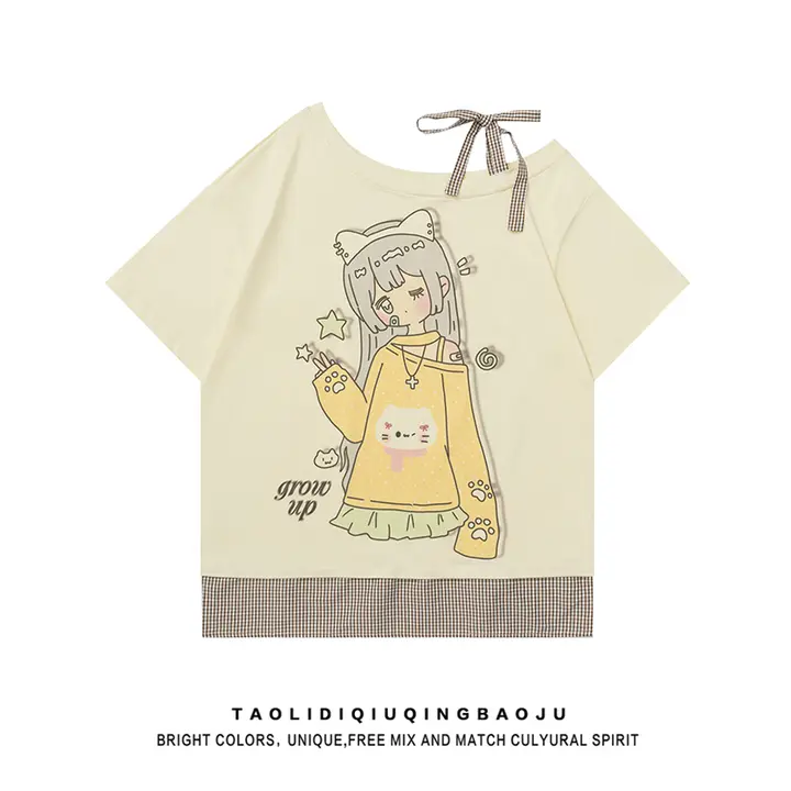 二次元キャラクター柄の短袖Tシャツ【ゆったりフィット・肩出し・チェック柄】（セットアップ対応）