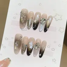 猫眼ネイルデザインのロングネイル【星空プリント・ハンドメイド・グリッター装飾】