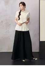 新中式デザインのレース半袖トップス【大きいサイズ・Aライン・パンツスカート・夏用】（セットアップ対応）