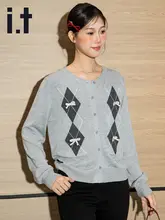 リボン付きダイヤモンド柄ニットカーディガン【ゆったりとした秋用・女性用】（セットアップ対応）