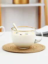 ゴールドリム付きガラス製朝食カップ【大容量・蓋付き・スプーン付き・電子レンジ対応】