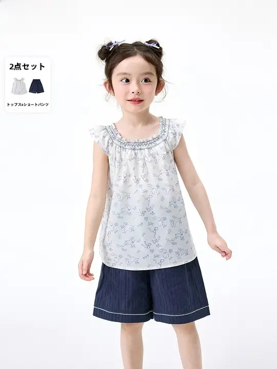 女の子用コットン製カジュアルフラワープリント上下セット【フリル袖・ストライプ・快適なショートパンツ】（セットアップ対応）