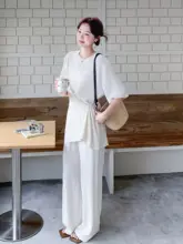 スタイル白のリボン付きトップス【夏用・質感のあるワイドパンツ】（セットアップ対応）