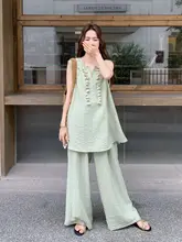 グリーンフリンジのノースリーブトップスとロングパンツ【夏用・大きいサイズ・カジュアルデザイン】（セットアップ対応）