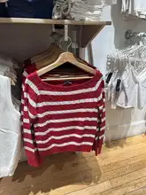 BM フランス風クリスマスレッドストライプニットセーター【ツイスト模様・オフショルダー・女性用】