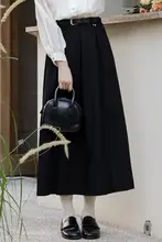 フランス風プリーツスカート【高腰・ブラック・中長丈・Aライン】