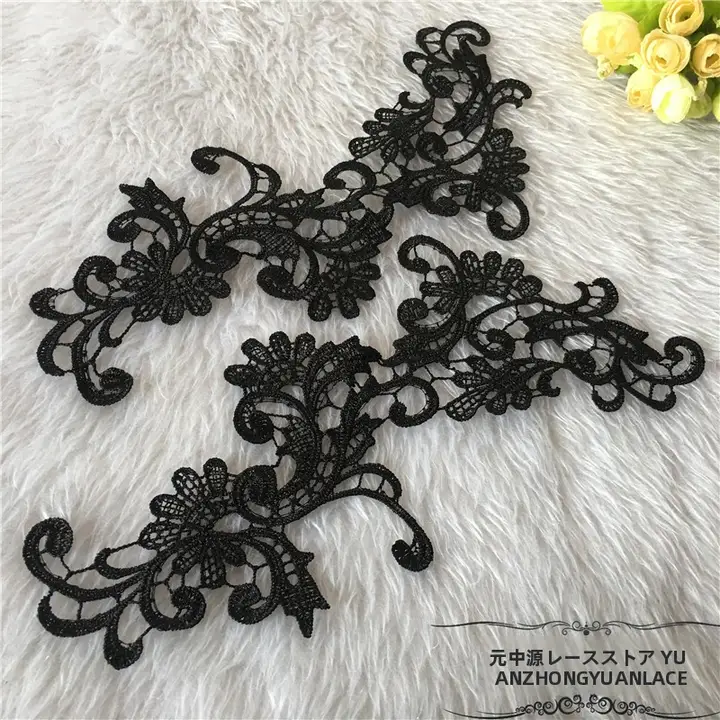 黒い水溶性フラワー刺繍パッチ【ドレス装飾・レース・タッセル付き・DIY用】