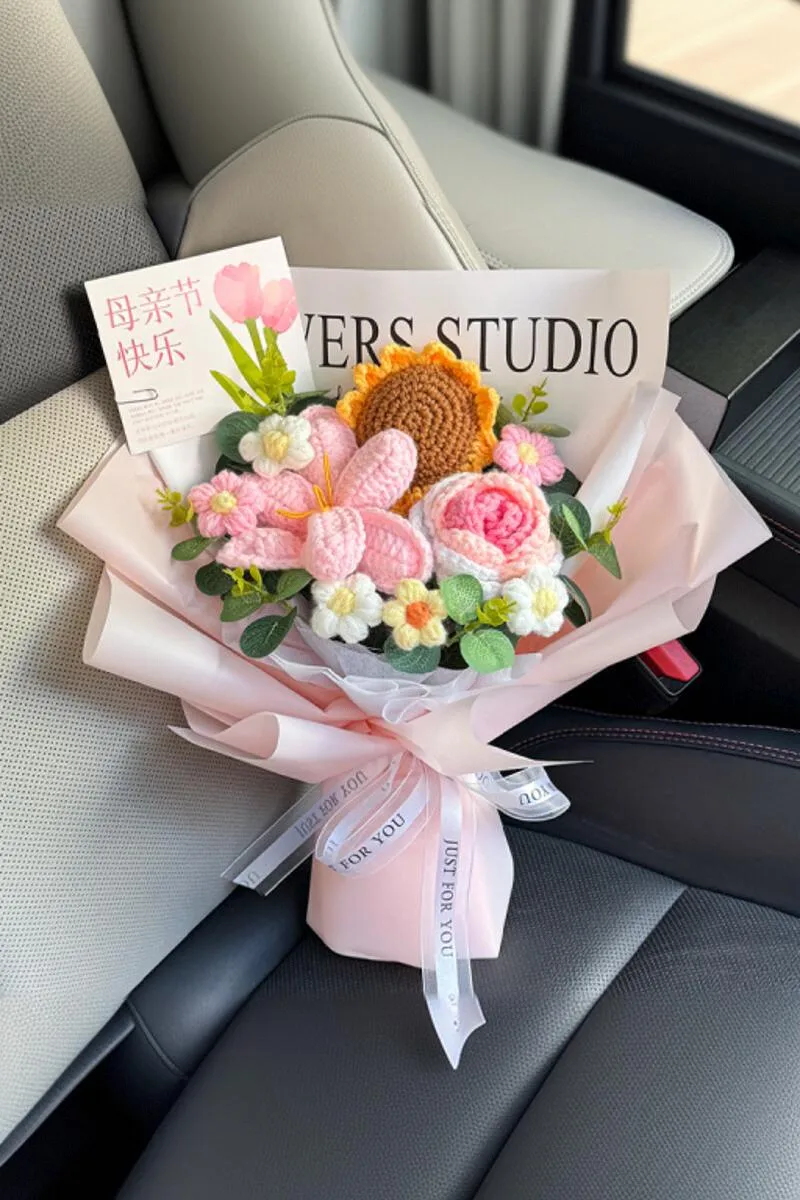 手作り編みのひまわりとチューリップのミックス造花ブーケ【母の日や誕生日のギフトに最適】
